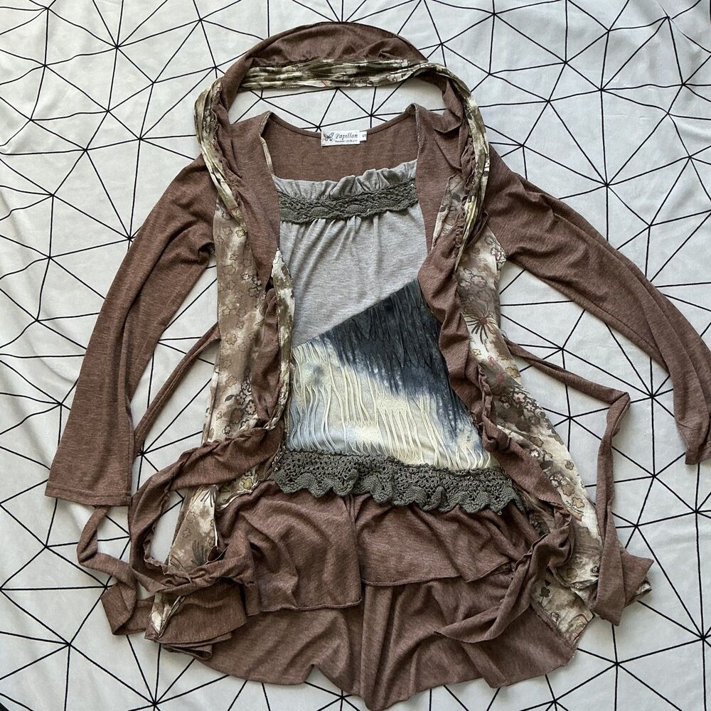 Papillon Boho Layered Top S Brown Grey Floral Lace Trim Tie Back Lagenlook